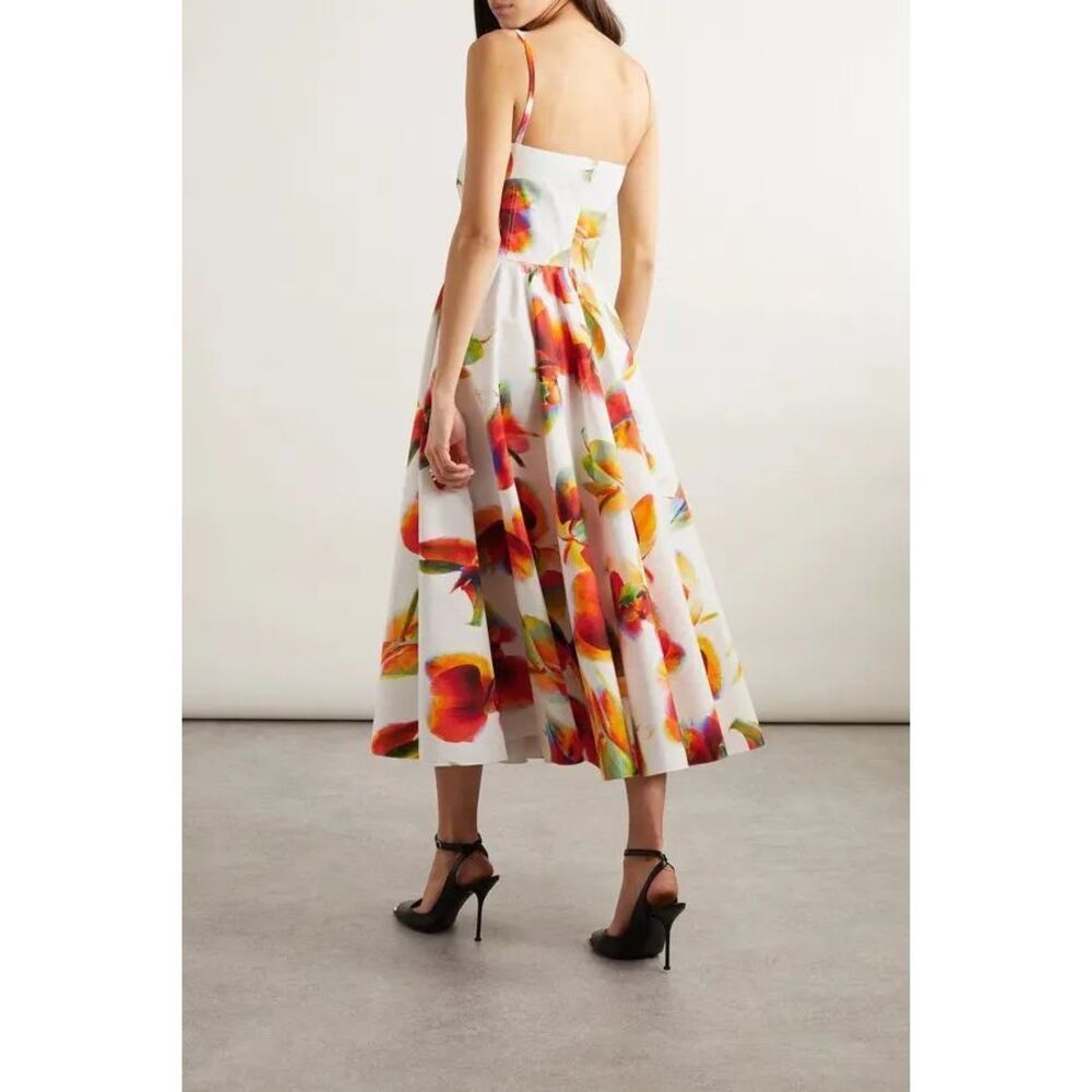 NWT Alexander McQueen Orchid Print A-Line Midi Dress Tropical White Red Size 2 $ - Picture 2 of 12